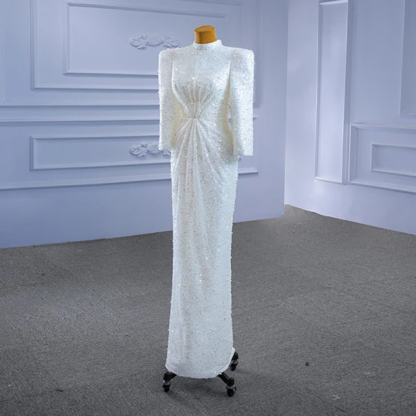High-end Ivory Corset Wedding Dresses 2021 Trumpet / Mermaid High Neck Beading Pearl Sequins 3/4 Sleeve Floor-Length / Long Wedding