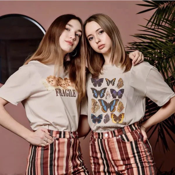 Fashion Street Wear Khaki Summer Loose Butterfly Printing Cotton T-Shirts 2021 Scoop Neck Short Sleeve Women's Tops T-shirt