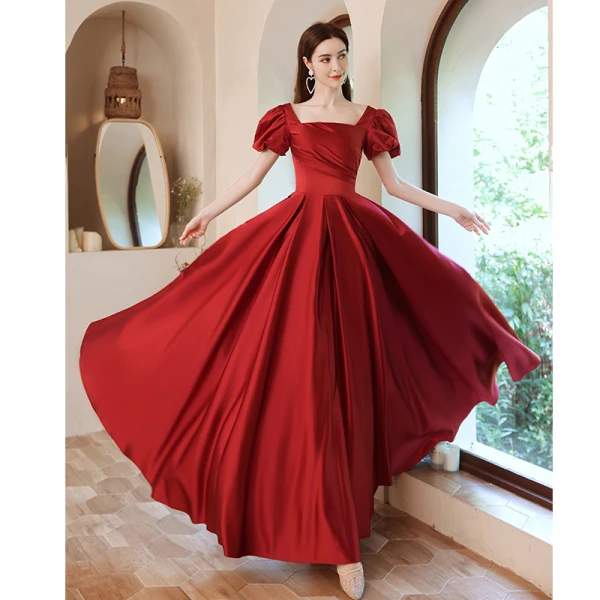 Vintage / Retro Red Satin Prom Dresses 2021 A-Line / Princess Square Neckline Short Sleeve Backless Floor-Length / Long Prom Dresses
