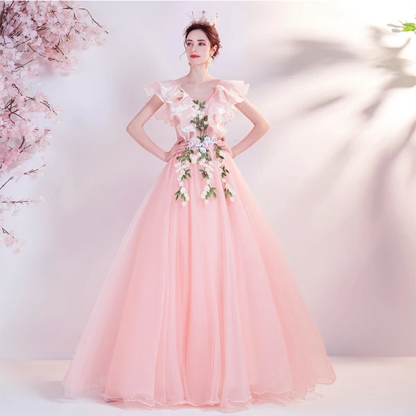 Flower Fairy Candy Pink Ruffle Prom Dresses 2021 A-Line / Princess V-Neck Lace Flower Appliques Long Sleeve Backless Floor-Length / Long Prom Formal Dresses