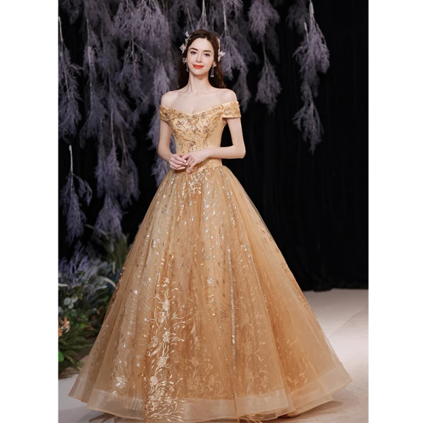 Chic / Belle Doré Robe De Bal 2021 Princesse De l'épaule Sans Manches En Dentelle Fleur Perlage Perle Dos Nu Longue Promo Robe De Ceremonie