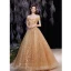 Chic / Belle Doré Robe De Bal 2021 Princesse De l'épaule Sans Manches En Dentelle Fleur Perlage Perle Dos Nu Longue Promo Robe De Ceremonie