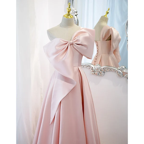 Schön Rosa Satin Ballkleider 2021 A Linie One-Shoulder Schleife Ärmellos Rückenfreies Lange Ball Festliche Kleider