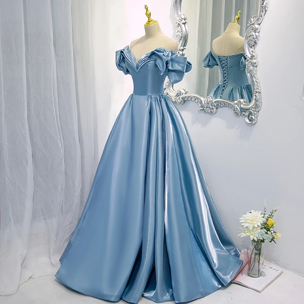 Fashion Sky Blue Satin Prom Dresses 2021 A-Line / Princess Off-The-Shoulder Ruffle Short Sleeve Backless Floor-Length / Long Prom Formal Dresses