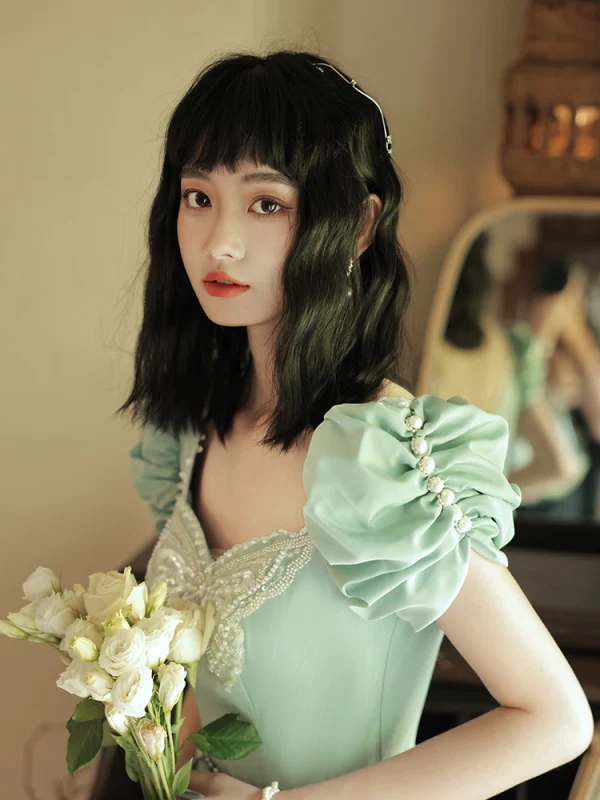 Chic / Beautiful Mint Green Homecoming Graduation Dresses 2021 A-Line / Princess Square Neckline Beading Pearl Ruffle Short Sleeve Backless Floor- Chic / Beautiful Mint Green Homecoming Graduation Dresses 2021 A-Line / Princess Square Neckline Beading Pearl Ruffle Short Sleeve Backless Floor-