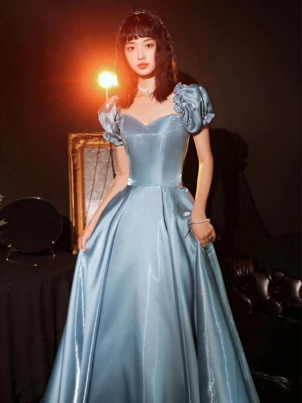 Fashion Sky Blue Prom Dresses 2021 A-Line / Princess Square Neckline Ruffle Short Sleeve Backless Floor-Length / Long Prom Formal Dresses