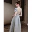 Vintage / Retro Silver Grey Satin Prom Dresses 2021 A-Line / Princess V-Neck Beading Pearl Sequins Short Sleeve Backless Floor-Length / Long Prom Formal Dresses