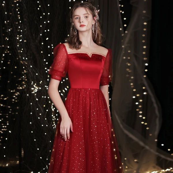 Charming Burgundy Prom Dresses 2021 A-Line / Princess Scoop Neck Beading Sequins Short Sleeve Backless Floor-Length / Long Prom Formal Dresses