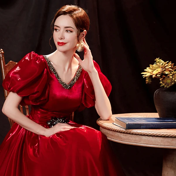 Vintage / Retro Burgundy Satin Prom Dresses 2021 A-Line / Princess V-Neck Rhinestone Bell sleeves Backless Floor-Length / Long Prom Formal Dresses