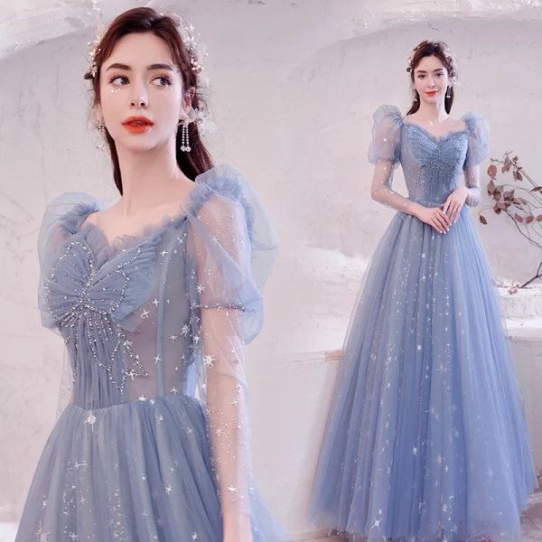 Charming Sky Blue Prom Dresses 2021 A-Line / Princess Square Neckline Beading Star Sequins Rhinestone Long Sleeve Backless Floor-Length / Long Prom Formal Dresses