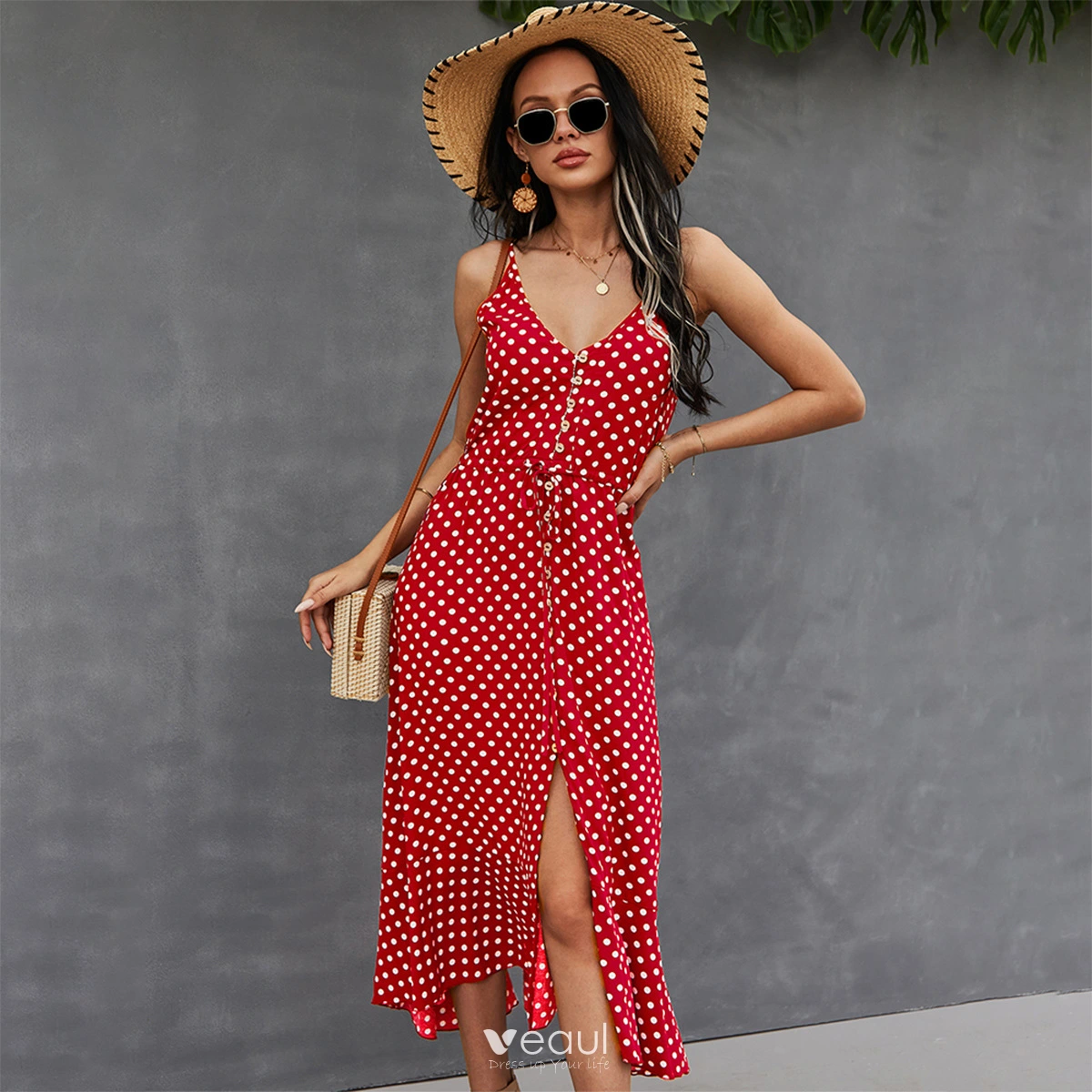 Mode Zomer Straatkleding Resort slijtage Strand Blozen Roze Gevlekte Dames Jurken 2021 V Hals Mouwloos Beklede Knoop Gordel Los Tea length