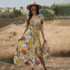 Bohême Noire Été Vêtements de vacances Vêtement de rue Plage Ample Floral Robes longues 2021 V-Cou Manches Courtes Femme