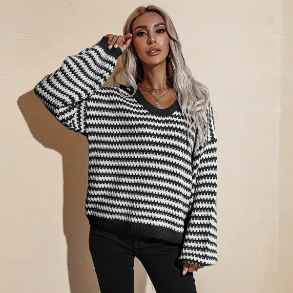 Mode Vert Tricot Rayé Vêtement de rue Ample Chandails 2021 Coton V-Cou Manches Longues Hauts
