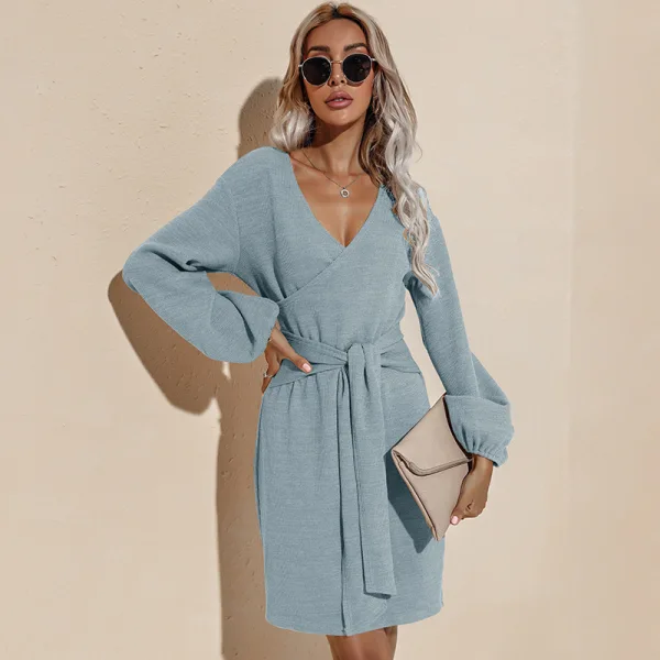 Summer Street Wear Resort Wear Burgundy Solid Color Regular Women Dresses 2021 V-Neck Sash Long Sleeve