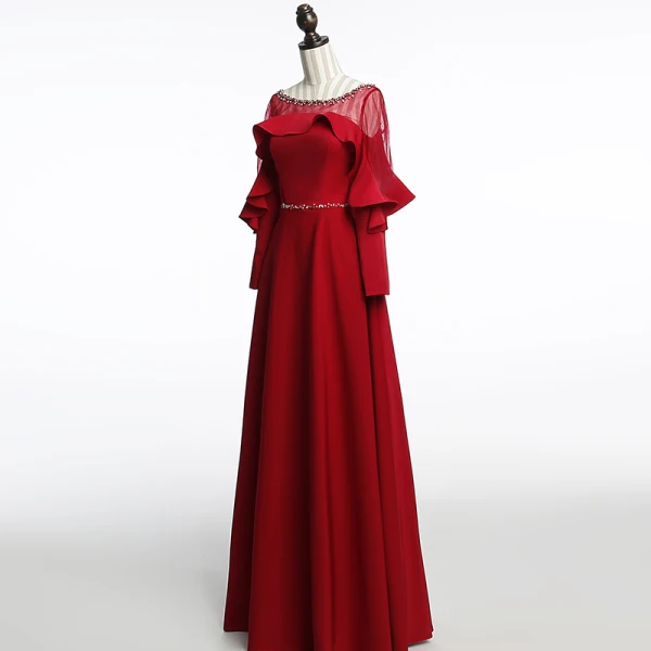 Modern / Fashion Burgundy See-through Evening Dresses  2018 A-Line / Princess Scoop Neck Long Sleeve Beading Sash Floor-Length / Long Ruffle Backless Formal Dresses