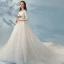 Élégant Princesse Ivoire Robe De Mariée 2017 1/2 Manches Appliques Dentelle Volants Tulle Dos Nu Chapel Train