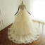 Luxury / Gorgeous Champagne Wedding Dresses 2017 Scoop Neck Long Sleeve Beading Artificial Flowers Backless Cascading Ruffles Tulle Ball Gown Chapel Train