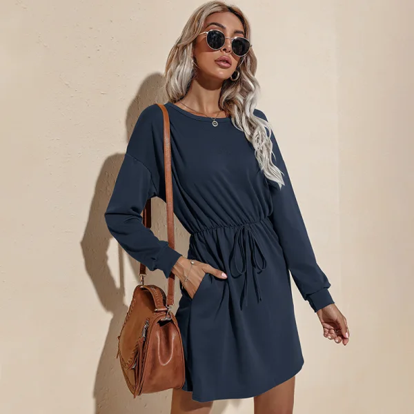 Fall Winter Grey Street Wear Women Dresses 2021 Scoop Neck Bow Sash Regular Long Sleeve