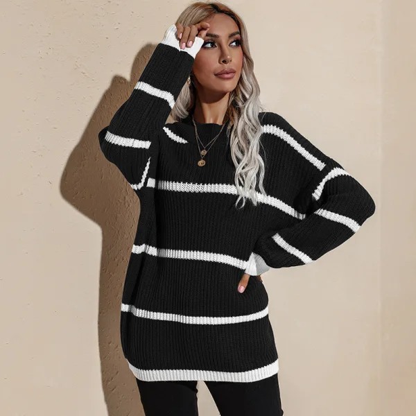 Vintage / Retro Fall Winter Loose Street Wear Stripe White Knitting Sweaters 2021 Scoop Neck Long Sleeve Women's Tops