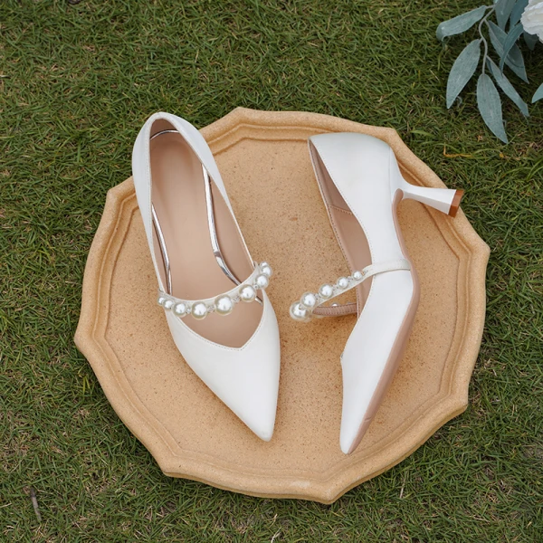 Fashion White Pearl Leather Satin Wedding Shoes 2021 6 cm Stiletto Heels Pointed Toe Wedding Pumps High Heels
