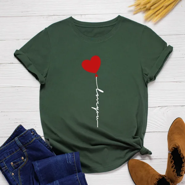 Schön Sommer Schwarz Freizeit Herzförmig Ballon Drucken T-Shirts 2021 Baumwolle Rundhalsausschnitt Kurze Ärmel Lose Damen Oberteile