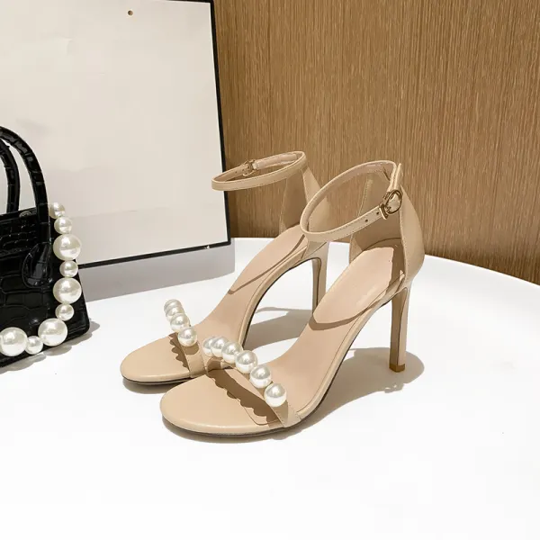 Sexy Blanche Cocktail Soirée Perle Sandales Femme 2021 10 cm Talons Aiguilles Bride Cheville Peep Toes / Bout Ouvert Sandales Talons Hauts