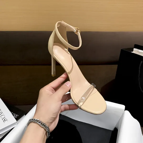 Sexy Nude Cocktail Party Evening Party Womens Sandals 2021 Ankle Strap 10 cm Stiletto Heels Open / Peep Toe Sandals High Heels