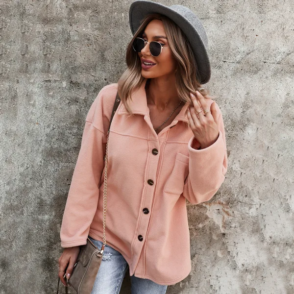 Comfortable Fall Winter Street Wear Beige Suede Regular Blouses 2021 Lapel  Long Sleeve Women's Tops