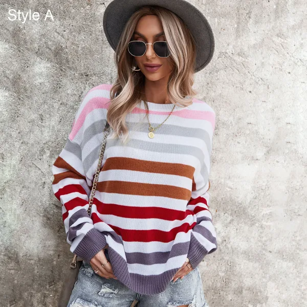 Mode Tomber Hiver Vêtement de rue Multi-Couleurs Bande Ample Chandails 2021 Coton Encolure Dégagée Manches Longues Hauts pour Femmes