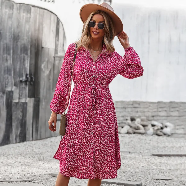Bohemia Summer Printing Yellow Women Dresses 2021 A-Line / Princess Beach Street Wear Resort Wear V-Neck Sash Long Sleeve Knee-Length