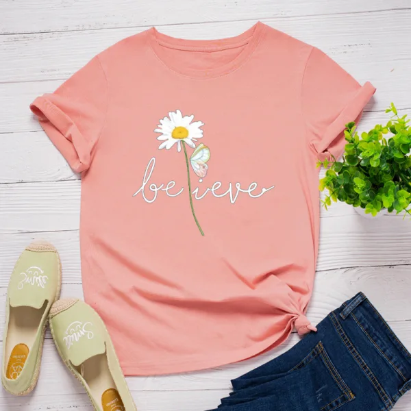 Casual Summer Black Daisy Tops Printing T-Shirts 2021 Cotton Loose Scoop Neck Short Sleeve Women's Tops T-shirt