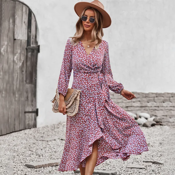 Bohemia Summer Beach Resort Wear Yellow Floral Maxi Dresses 2021 V-Neck Sash Bow Long Sleeve Tea-length