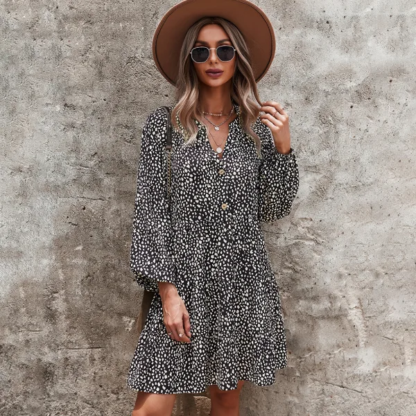 Modest Summer Brown Street Wear Spotted Leopard Print Women Dresses Women's Tops 2021 V-Neck Loose Long Sleeve Knee-Length