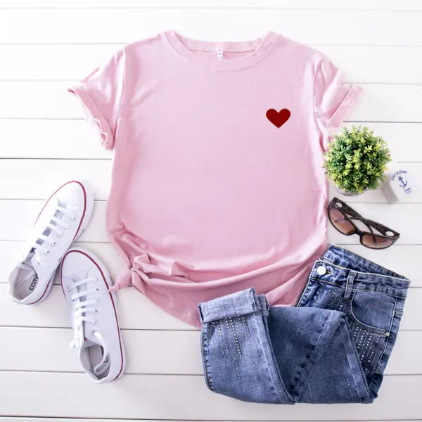 Summer Casual White Heart-shaped Printing Loose T-Shirts 2021 Cotton Scoop Neck Short Sleeve Women's Tops T-shirt