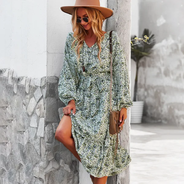 Chic / Beautiful Fall Winter Beach Resort Wear Street Wear Blushing Pink Floral Women Dresses 2021 V-Neck Long Sleeve Sash Loose Knee-Length
