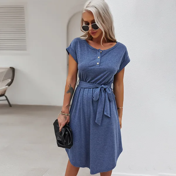 Casual Spring Summer Burgundy Women Dresses 2021 Scoop Neck Bow Short Sleeve Sash Loose