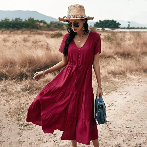 Casual Spring Summer Resort Wear Pool Blue Women Dresses 2021 V Neck Short Sleeve Sash Tea Length Loose Casual Spring Summer Resort Wear Pool Blue Women Dresses 2021 V Neck Short Sleeve Sash Tea Length Loose