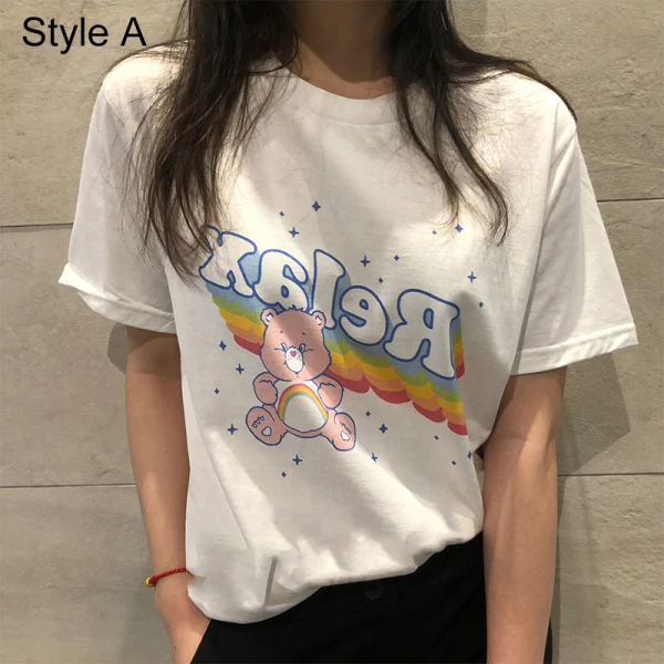 Summer Casual White Cartoon Printing T-Shirts 2021 Cotton Scoop Neck Short Sleeve Women's Tops