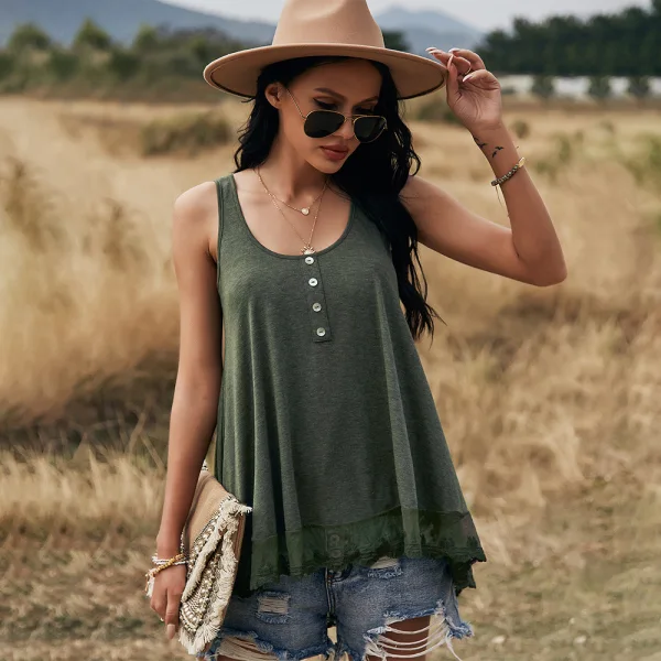 Sexy Spring Summer Casual Navy Blue Women's Tops 2021 Cotton U-Neck Sleeveless Buttons Loose Women Tops