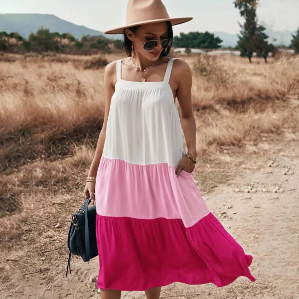Chic / Beautiful Spring Summer Street Wear Ocean Blue Patchwork Women Dresses 2021 Spaghetti Straps Loose Sleeveless