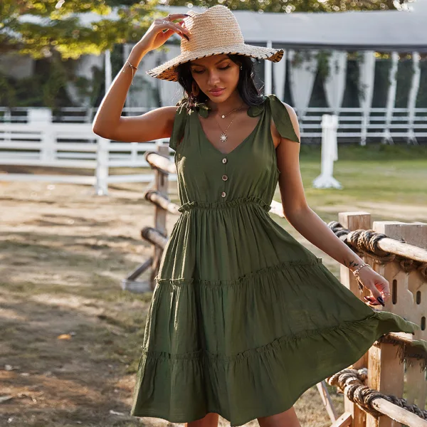 Sexy Orange Spring Summer Street Wear Ruffle Women Dresses 2021 V-Neck Sleeveless Buttons Bow Loose