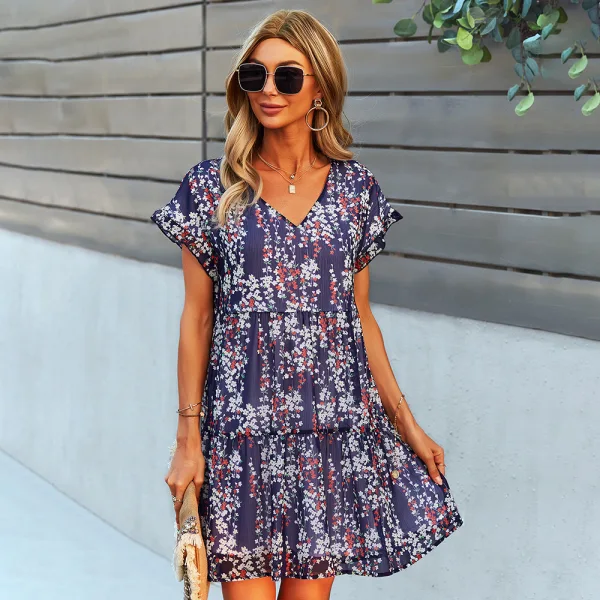 Comfortable Spring Summer Street Wear White Floral Women Dresses 2021 Loose V-Neck Short Sleeve