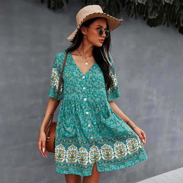 Bohemia Spring Summer Resort Wear Khaki Floral Women Dresses 2021 V-Neck Short Sleeve Loose