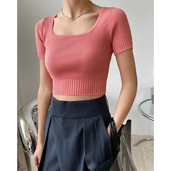 Fashion Black Summer Street Wear Knitting Tight  T-Shirts 2021 U-Neck Short Sleeve Women's Tops T-shirt