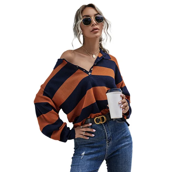 Fashion Fall Winter Street Wear Orange Lapel Stripe Sweaters 2021 Cotton Long Sleeve Regular Women Tops