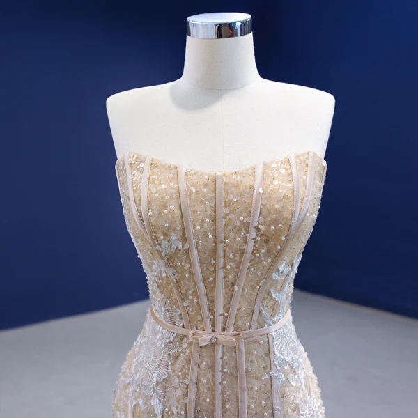 Sexy Charmant Champagne Perlage Trompette / Sirène Robe De Mariée 2021 Sans Manches Perle En Dentelle Fleur Noeud Ceinture Paillettes Bustier