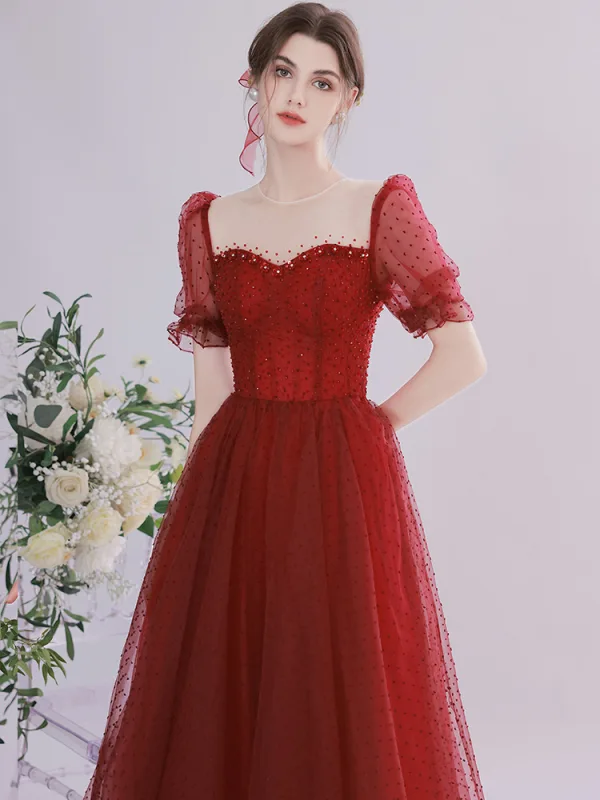 Elegant Burgundy Beading Prom Dresses 2021 A-Line / Princess Scoop Neck Sequins Short Sleeve Backless Floor-Length / Long Prom Formal Dresses