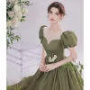 Vintage / Retro Olive Green Satin Homecoming Prom Dresses 2021 A-Line / Princess Scoop Neck Pearl Beading Puffy Short Sleeve Backless Floor-Length / Long Formal Dresses