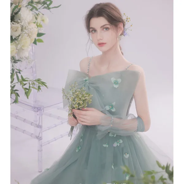 Illusion Sage Green Homecoming Prom Dresses Graduation Dresses 2021 A-Line / Princess Spaghetti Straps Sleeveless Bow Beading Appliques Backless Tea-length Formal Dresses