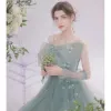 Illusion Sage Green Homecoming Prom Dresses Graduation Dresses 2021 A-Line / Princess Spaghetti Straps Sleeveless Bow Beading Appliques Backless Tea-length Formal Dresses